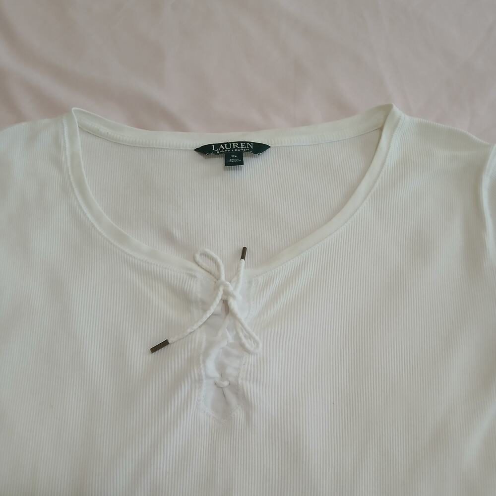 Lauren Ralph Lauren Womens XL White Ribbed Lace-Up V Neck Cotton Top Tee Tunic - Picture 4 of 13